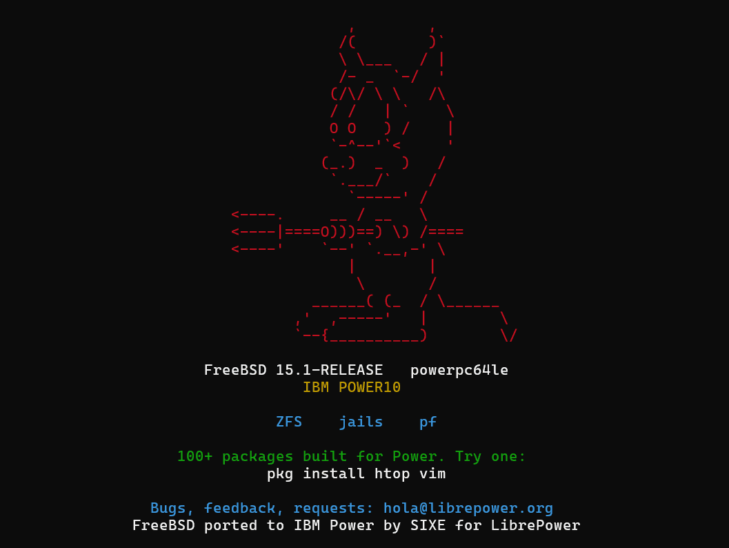 FreeBSD 15.1-RELEASE welcome screen on IBM POWER10 — ZFS, jails, pf